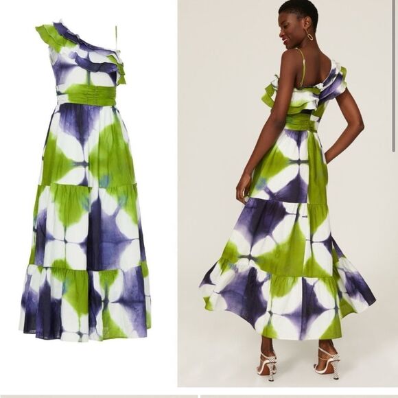 Busayo One Shoulder Ruffle Tie Dye Maxi Purple White and Green Dress - 0 - Picture 5 of 12